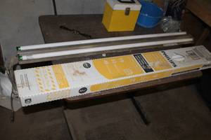 lot 390 image: Fluorescent Bulbs with F32T8 Deluxe Neutral White Fluorescent Light Fixture (in box) (new)