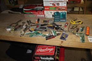 lot 356 image: Lot of Hand Tools - Irwin Mini Tube Cutter, Pliers, Drill Bits, Wrenches, Hitch Pins, Staplers, Level, Clamps, Locking Pliers, Misc. Hand Tools (in plastic bucket)