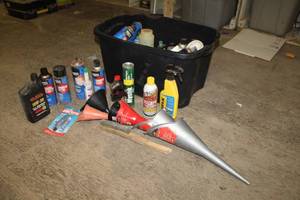 lot 357 image: Lot of Automotive Supplies - Chemicals, Funnels (in tote)