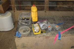 lot 363 image: Lot of Fasteners, Bearings, Adapters, Irwin Straight-Line Marking Chalk 5lbs Plastic Jug (in bin)