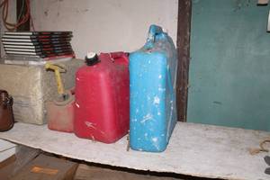 lot 386 image: Lot of (3) Plastic Cans - Gasoline (x2), Water (x1)