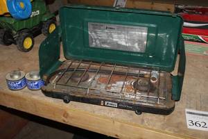 lot 385 image: Hillary Propane Camping Stove Deluxe 2-Burner 201.727543, Safe Heat 6-Hour Chafing Dish Fuel 9.24oz. Can (x2)