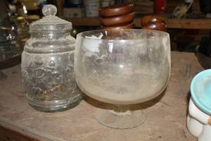 lot 408 image: Lot of (2) Glassware - Glass Cookie Jar 13H, Glass Vessel 9Dx9H