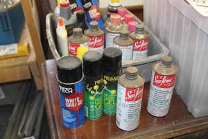 lot 297 image: Lot of Automotive Chemicals - Sea Foam, White Grease, Lube Gel, Brake Cleaner, Misc. Chemicals (in plastic bin)