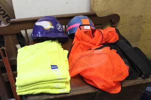 lot 312 image: Lot of (8) Safety Equipment - Hard Hat (x2), Uline Safety Vest 2XL3XL Orange (x1), Ergodyne Pro Flex Back Brace 1505 (x1), Gildan Day Glow Yellow T-Shirt XL