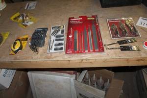lot 319 image: Lot of (7) Hand Tools - Strait-Line Chalk Line, Crescent Wrench Set 6-piece, Husky File Set 10-piece, Adapters & Bits 37-piece, Jobsmart Locking Pliers Set 3-piece, Masterhand 11mm and 12mm Combination Wrenches