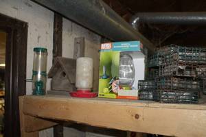 lot 329 image: Lot of Outdoor Bird Accessories - Bird House, Hummingbird Feeders, Bird Feeder, Suet Holders