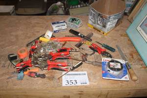lot 353 image: Lot of Hand Tools - Pliers, Boring Bits, File, Misc. Hand Tools (in box)