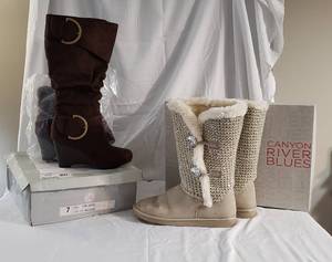 21 pair size 7 (new in box) brown suede like material tall boots with gold buckle accents & 1 pair size 8 lightly used tall Taupe boots with faux-fur lining and jewel toggle closure