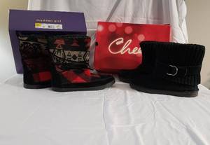 1 pair size 7.5 lightly used Madden Girl brand Jackman plaid boots with tie up black accents & 1 pair sz 8 lightly used Sonoma brand suede upper bootie with silver buckle accent