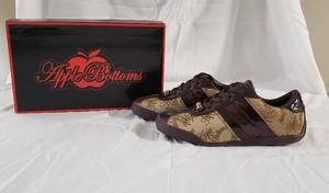 1 pair size 7 (new in box) brown Apple Bottoms brand logo print shoes with sequin accents