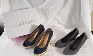 1 pair size 7 (new in box) Charming Charlie Overboard blue jean canvas peep toe wedges with rope style accent & 1 pair (new) size 8 Simply Vera brand gray suede like wedge shoes