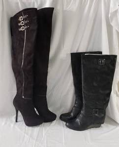 1 pair size 7 (new) Rue 21 brand black suede like over the knee boots & 1 pair size 8 tall black leather like wedge boots with silver hardware.