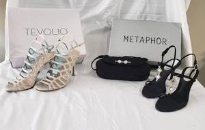 1 pair size 8 black heels with rhinestone accents including matching Nina brand clutch & 1 pair (new in box) silver heels with rhinestone accents and lattice detail