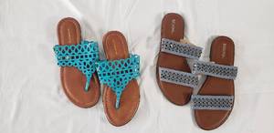 1 pair size 7 (new) Liz Claiborne brand teal sandals & 1 pair size 7.5 (new) Merona brand blue sandals with metallic rhinestone accents