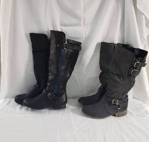 1 pair size 7 (new) tall black boots with silver buckles & 1 pair size 7.5 (lightly used) gray tall boots