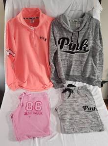1 Victorias Secret PINK brand matching Black & Gray sweat suit (Sweatshirt size Large & Pants size Small), 1 size small coral colored 34 snap Victorias Secret PINK brand sweatshirt & 1 size Medium pink Victorias Secret PINK brand sweat pant