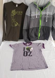 1 size Large Wicked (the musical) t-shirt, 1 size x-small Wicked green thermal long sleeve shirt & 1 size medium Wicked zip sweatshirt