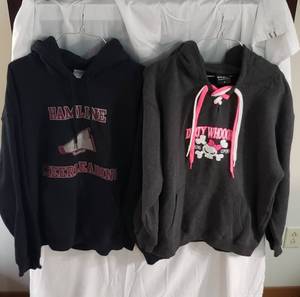 1 size large black Hamline Cheerleading sweatshirt, 1 size medium gray sweatshirt, 1 size large gray St. Croix River Resort sweatshirt & 1 size large blue striped Glen Arbor anchor sweatshirt