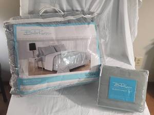 1 (new in bag) Queen size Bella Russo gray comforter with matching (new in bag) Queen size Bella Russo gray sheet set