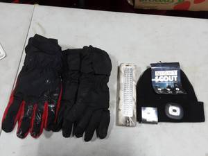 lot 29 image: Battery Operated Hat, Work Light, 2-Pair Heated Gloves