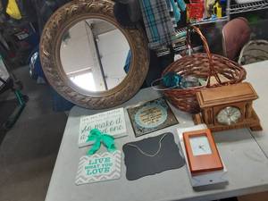 lot 63 image: Mirror, Clocks, Wicker Basket & Misc Wall Decor