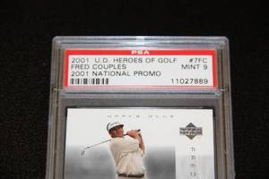 lot 65 image: 2001 Upper Deck Heroes of Golf National Promo Fred Couples PSA 9
