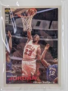 lot 30 image: 1995 Collectors Choice Michael Jordan European Sticker in Wrapper #120 PSA 9