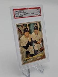 lot 16 image: 1957 Mickey Mantle  Yogi Berra Yankees Power Hitters Card #407 PSA 3