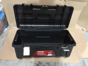 lot 28 image: 26 in. Plastic Portable Tool Box with Metal Latches in Black by Husky Customer Returns See Pictures 