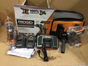 lot 79 image: 18-Volt Lithium-Ion Cordless Brushless Hammer Drill and Impact Driver 2-Tool Combo Kit with (2) Batteries, Charger by RIDGID Customer Returns See Pictures 