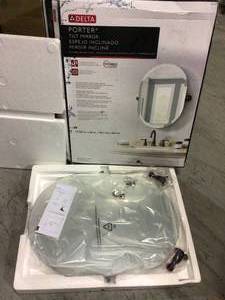 lot 99 image: Porter 26 in. x 23 in. Frameless Oval Bathroom Mirror with Beveled Edges in Oil Rubbed Bronze by Delta Customer Returns See Pictures 