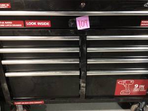 lot 104 image: Husky 46 in. W 9-Drawer, Deep Tool Chest Mobile Workbench in Gloss Black with Hardwood Top scratches and damage present see pictures
