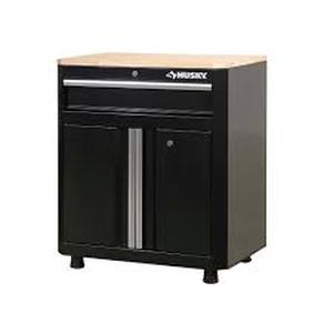 lot 115 image: Husky Ready-to-Assemble 28 in. W x 33 in. H x 18 in. D 1-Drawer 2-Door Steel Garage Base Cabinet in Black not used see pictures