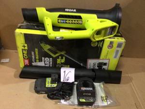 lot 16 image: 90 MPH 200 CFM ONE 18-Volt Lithium-Ion Cordless Leaf BlowerSweeper - 2.0 Ah Battery and Charger Included by RYOBI Customer Returns See Pictures 