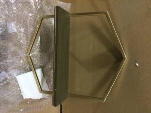 lot 48 image: 15 in. H x 12 in. W x 4 in. D StyleWell Wood and Gold Metal Wall-Mount Hexagon Floating Shelf (Set of 2)  Customer Returns See Pictures 