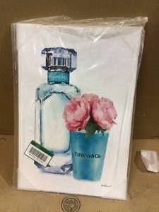 lot 49 image: 12.5 in. x 18.5 in. Teal Blue Perfume Bottle and Pink Peonies by Artist Amanda Greenwood Wood Wall Art Customer Returns See Pictures 