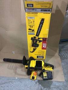 lot 58 image: 16 in. 60V MAX Lithium-Ion Cordless FLEXVOLT Brushless Chainsaw with (1) 2.0Ah Battery and Charger Included by DEWALT Customer Returns See Pictures 