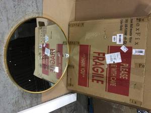lot 69 image: 30 in. x 30 in. Modern Style Round Mirror Aluminum Framed Gold Shatter-Proof Accent Mirror Wall Mirror Customer Returns See Pictures 