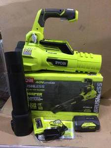 lot 82 image: 125 MPH 550 CFM 40-Volt Lithium-Ion Brushless Cordless Jet Fan Leaf Blower - 4.0 Ah Battery and Charger Included by RYOBI Customer Returns See Pictures 