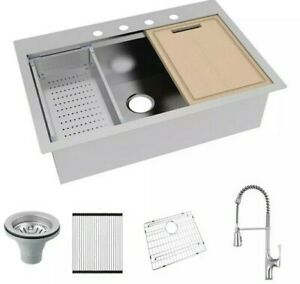 lot 104 image: Glacier Bay All-in-One Drop-In Stainless Steel 32 in. 4-Hole Single Bowl Kitchen not used see pictures