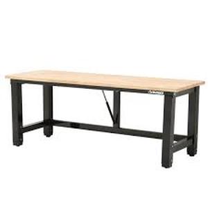 lot 107 image: Husky 6 ft. Folding Adjustable Height Solid Wood Top Workbench not used