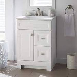 lot 111 image: Home Decorators Sedgewood 24-12 in. W Bath Vanity in White with Solid Surface Technology Vanity Top in Arctic with White Sink not used see pictures
