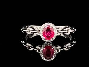 Brand New Natural Red Ruby Diamond Halo and Chain Styled Ring in 14k White Gold $3,650 Retail