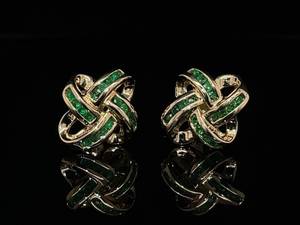 Fancy .85 Carat Natural Emerald Knot Styled Estate Earrings in 14k Yellow Gold $4250 Retail