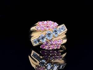 Think Spring Natural Blue and Pink Topaz Estate Ring in 14k Yellow Gold $1,799 Retail VIDEO