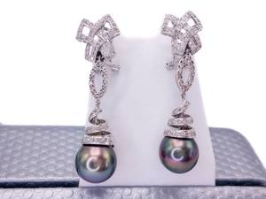 Glamorous, Large Tahitian Pearl Estate Earrings with 1 Carat of Diamonds Set in 18k Bows, Ovals and Spirals $11,250 Retail VIDEO