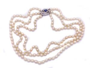 Antique Triple Strand Pearl Necklace with .68 Natural Sapphire and Diamond Fancy Clasp in 18k White Gold $9,000 Retail VIDEOS