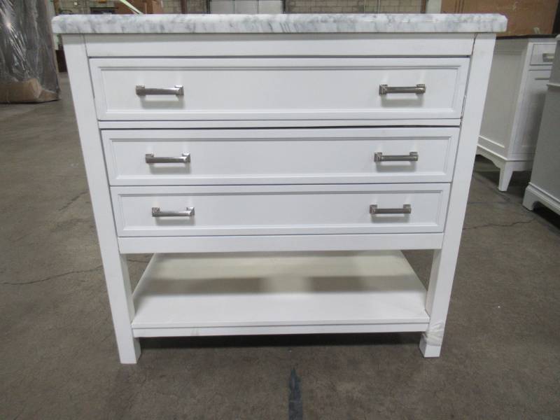 lot 404 image: Home Decorators Collection Everett 37 in. W x 22 in. D Vanity Cabinet in White with Carrara Marble Vanity Top in White with White Basin EEWVT3722D