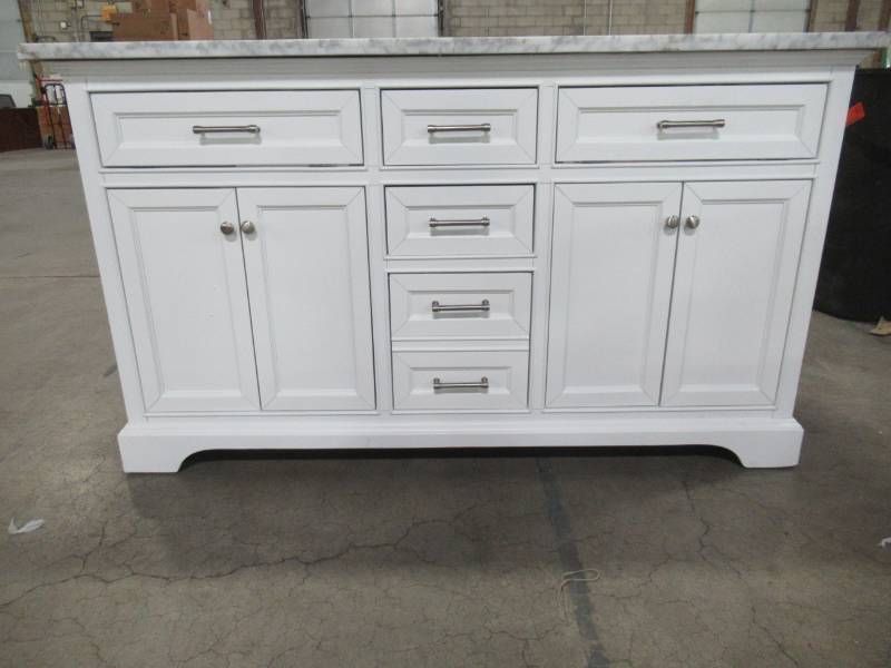 lot 405 image: Home Decorators Collection Melpark 60 in. W x 22 in. D Bath Vanity in White with Cultured Marble Vanity Top in White with White Sink Melpark 60W